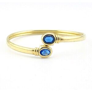 Vintage Gold Filled Sapphire Glass Bypass Cuff Bracelet Sz 6.5 Adjustable